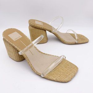 DOLCE VITA Natie Heeled Sandal Block Heel Rattan Clear Strap Size 8.5